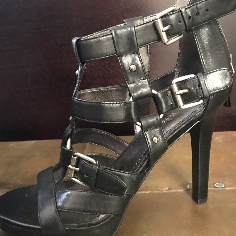Nine West- black genuine leather cage heels